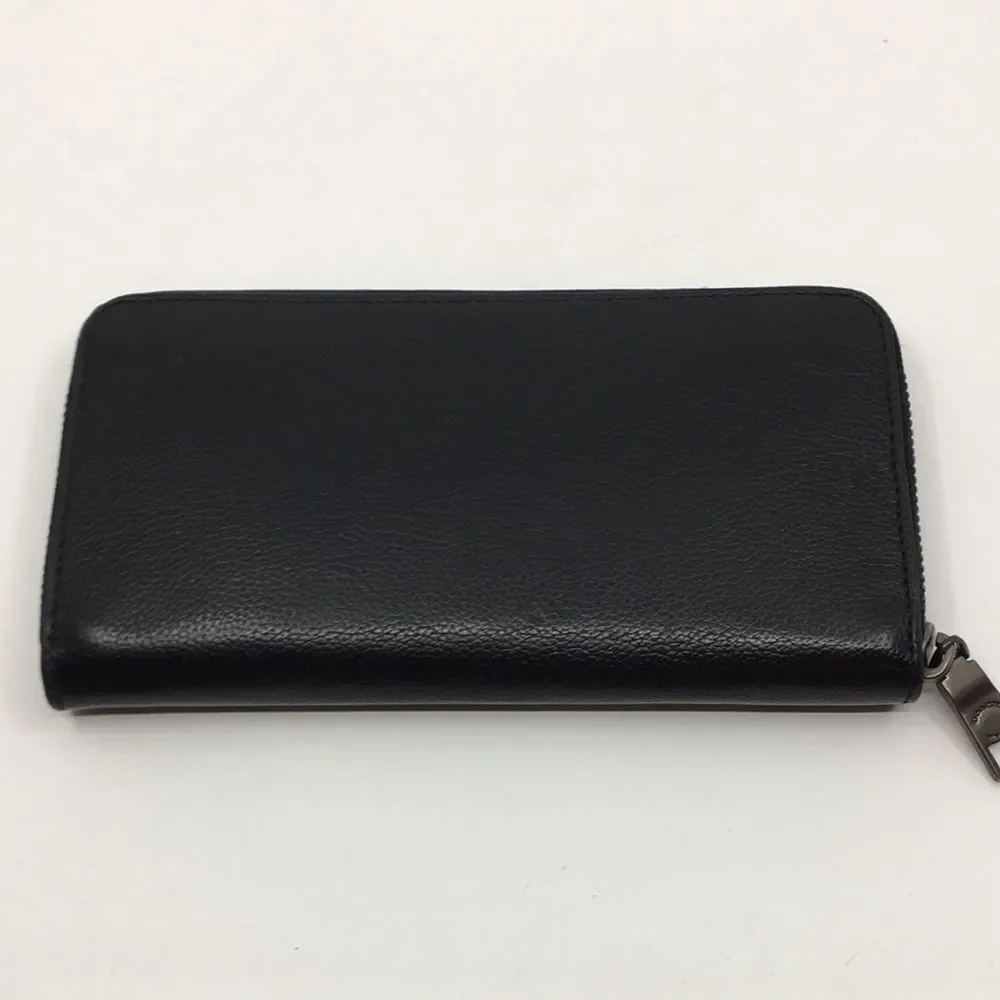 Coach Baseball Stitch Accordion Zip Wallet Black Smooth Calf Leather Unisex